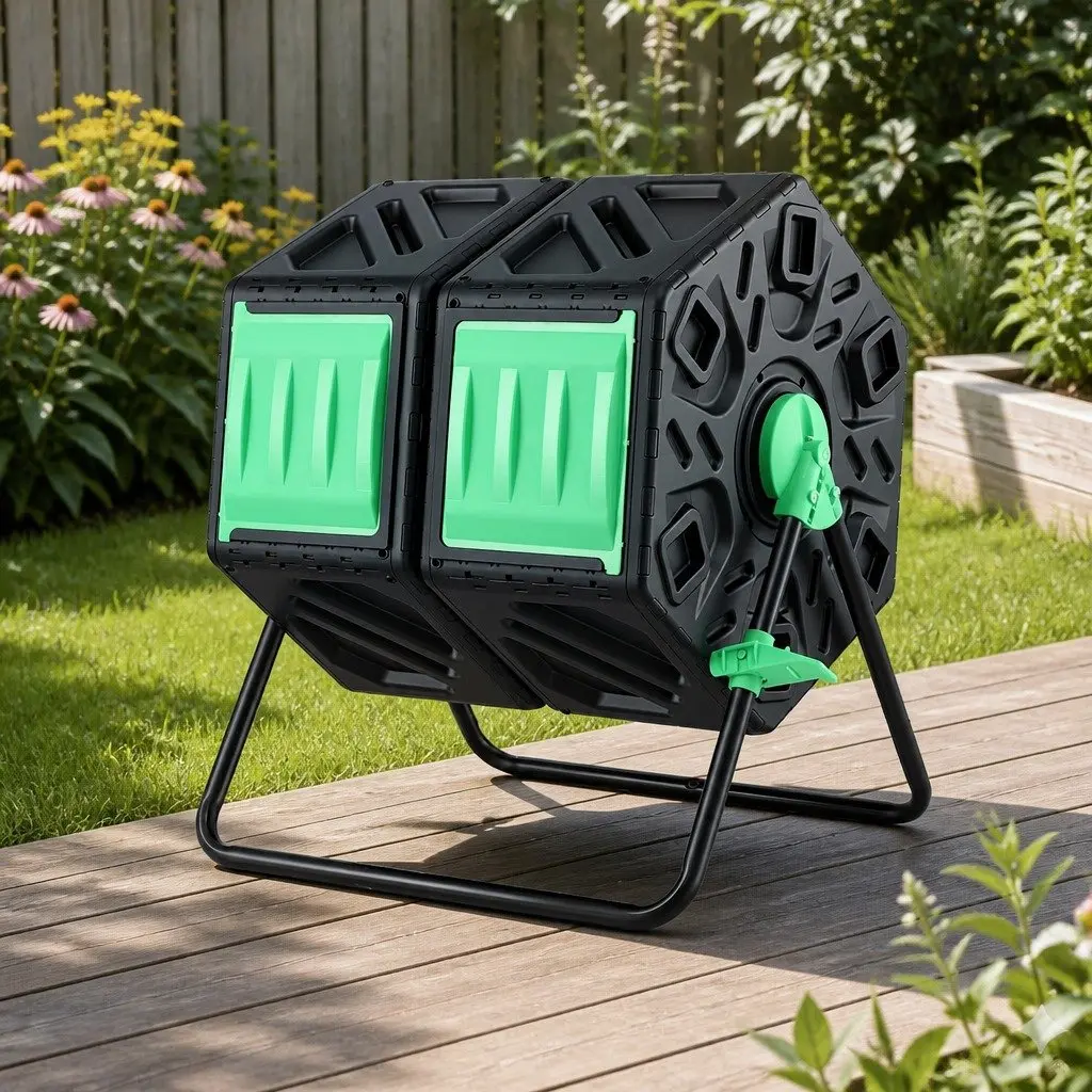 Dual-Chamber Compost Bin Rotating Tumbler 130L Black and Green PP and Steel