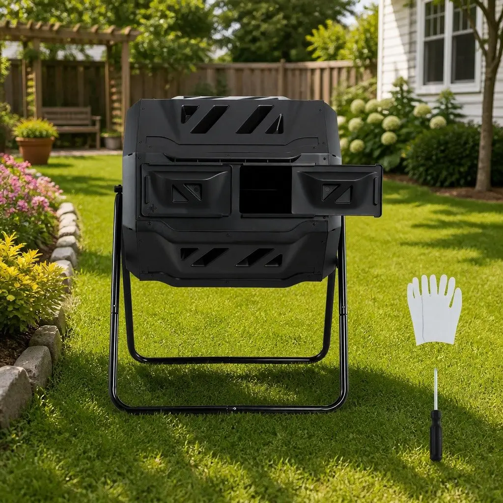 Dual-Chamber Compost Bin Tumbler 160L Rotating Black