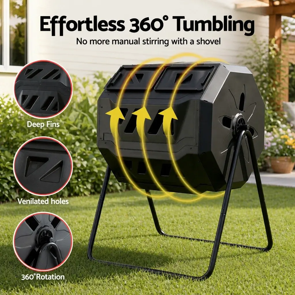 Dual-Chamber Compost Bin Tumbler 160L Rotating Black