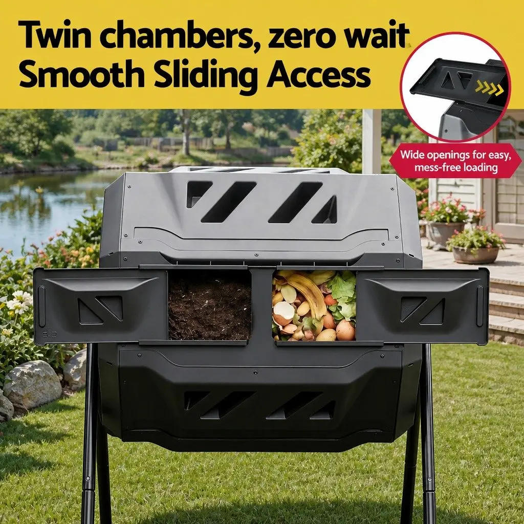 Dual-Chamber Compost Bin Tumbler 160L Rotating Black