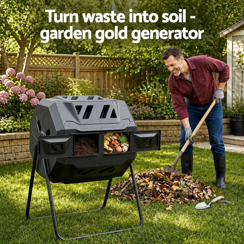 Dual-Chamber Compost Bin Tumbler 160L Rotating Black