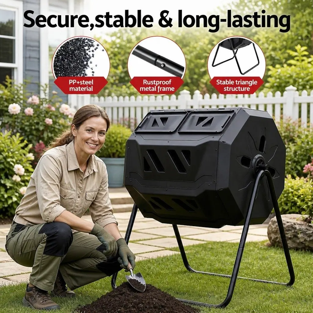Dual-Chamber Compost Bin Tumbler 160L Rotating Black