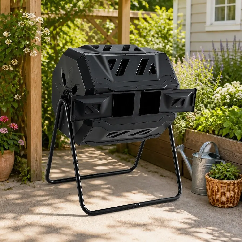Dual-Chamber Compost Bin Tumbler 160L Rotating Black