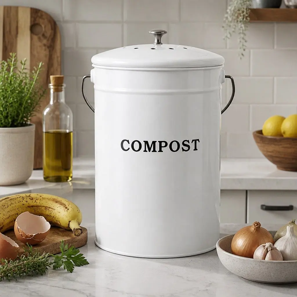 Kitchen Compost Caddy Galvanized Iron 6L White Countertop Food Waste Bin