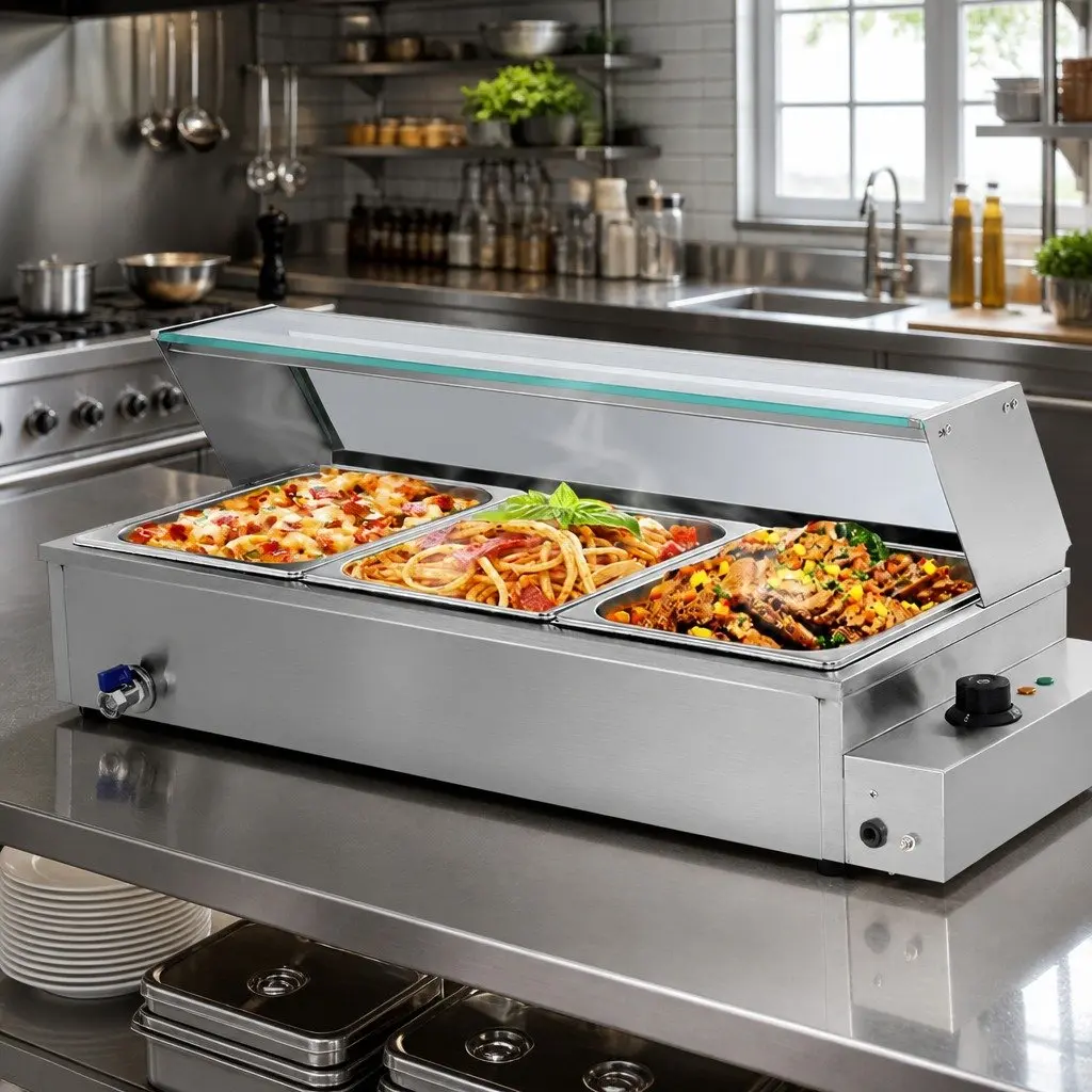 Bain Marie Electric Food Warmer Stainless Steel 3 Pans 91cm x 39cm x 33.5cm Silver