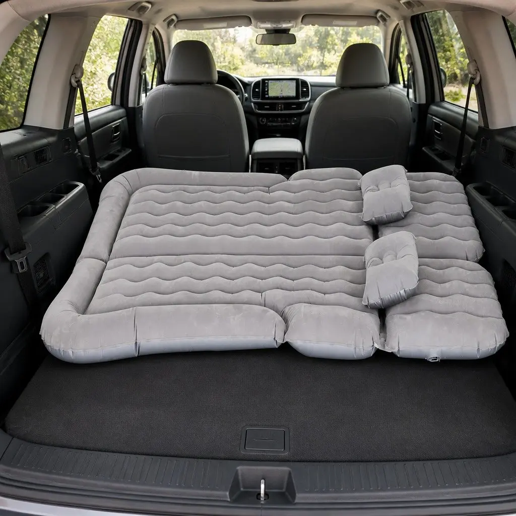 Inflatable Mattress Grey Flocked Surface 175x130cm Portable Car Bed for SUV Back Seat Camping with Air Pump and Pillows