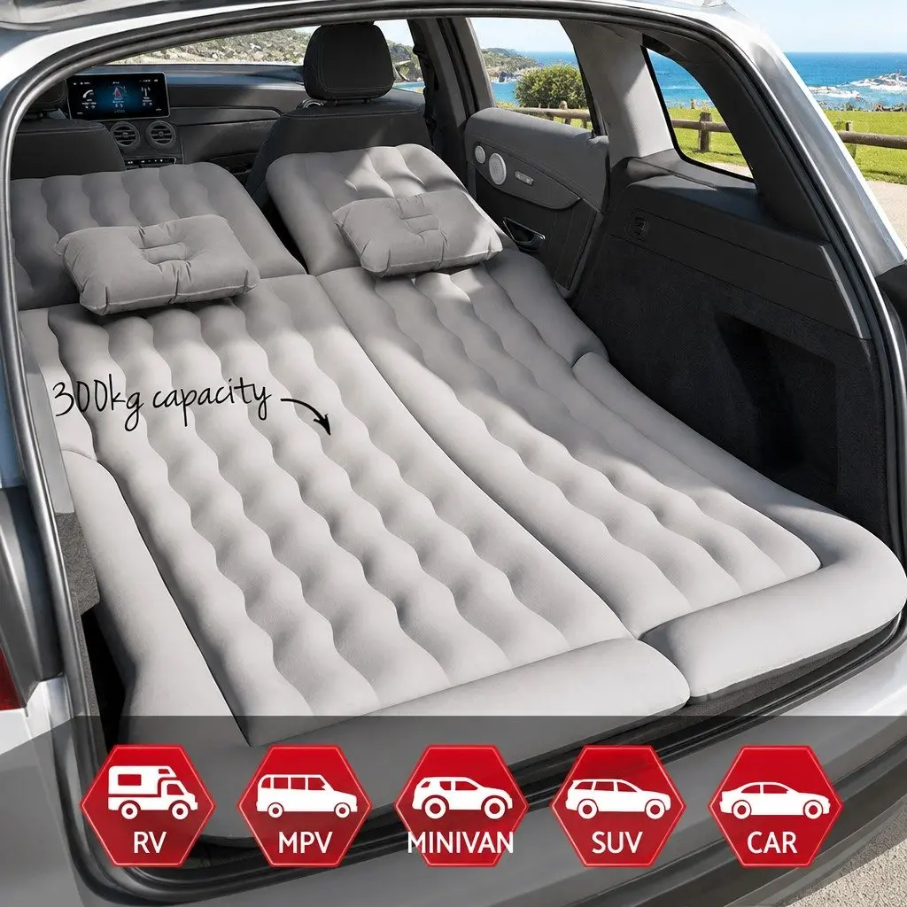 Inflatable Mattress Grey Flocked Surface 175x130cm Portable Car Bed for SUV Back Seat Camping with Air Pump and Pillows