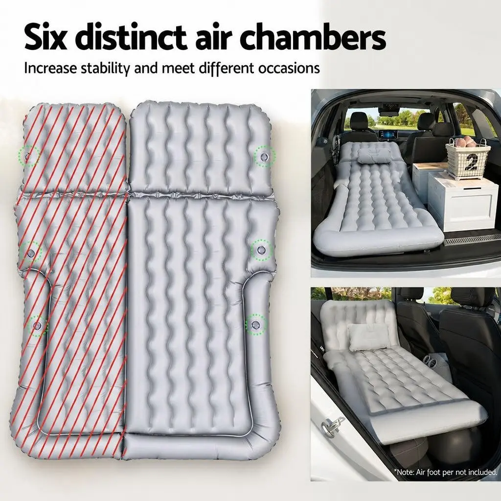 Inflatable Mattress Grey Flocked Surface 175x130cm Portable Car Bed for SUV Back Seat Camping with Air Pump and Pillows