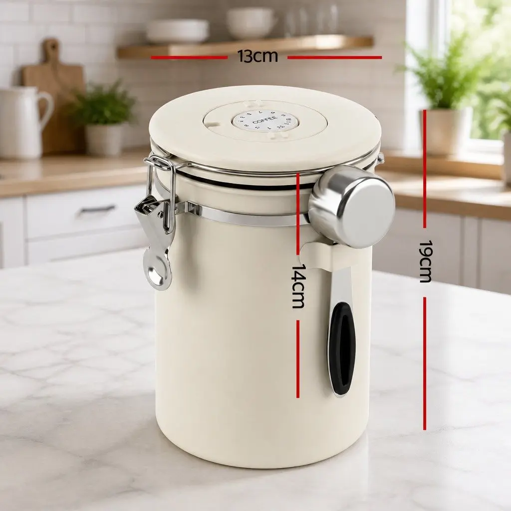 Coffee Canister 1.8L Stainless Steel Beige with Transparent Window