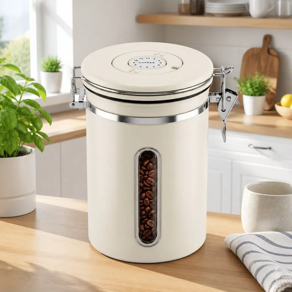 Coffee Canister 1.8L Stainless Steel Beige with Transparent Window