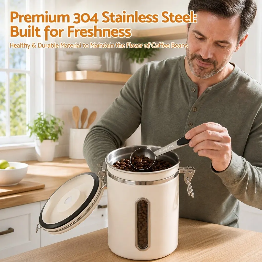 Coffee Canister 1.8L Stainless Steel Beige with Transparent Window