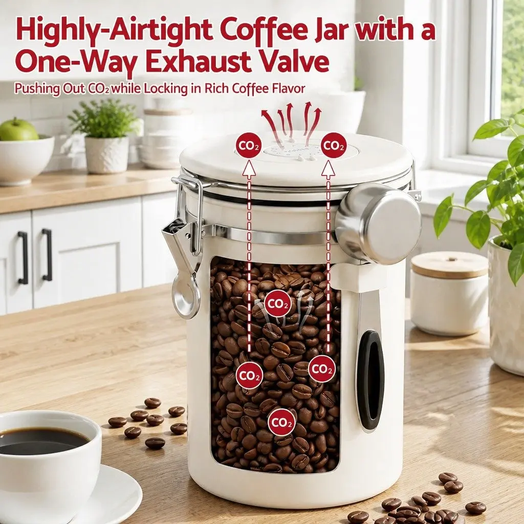 Coffee Canister 1.8L Stainless Steel Beige with Transparent Window