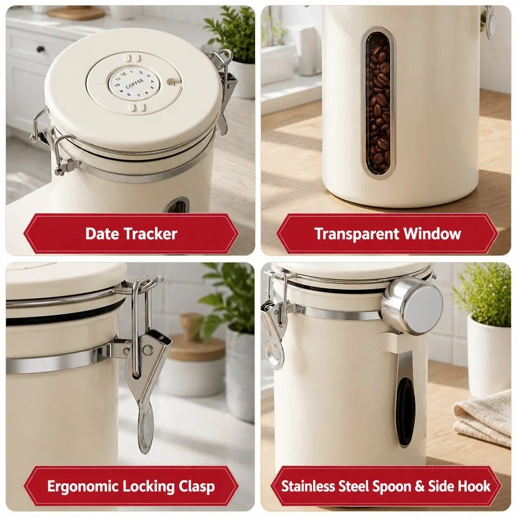 Coffee Canister 1.8L Stainless Steel Beige with Transparent Window