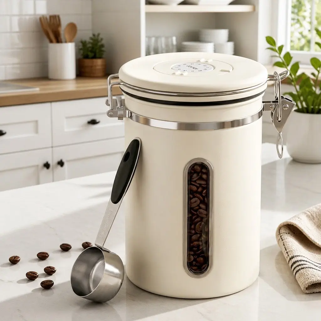 Coffee Canister 1.8L Stainless Steel Beige with Transparent Window