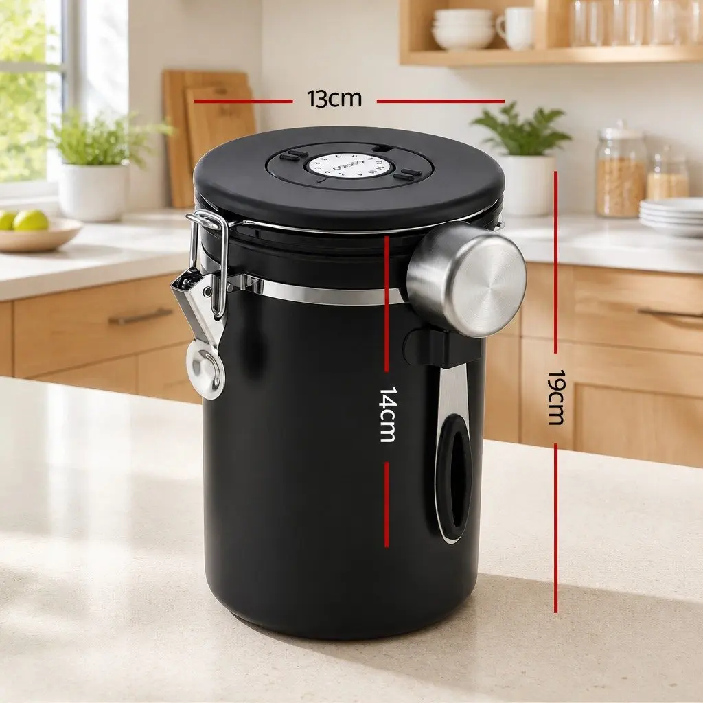 Coffee Bean Storage Canister 1.8L Black Stainless Steel with Viewing Window and Freshness Valve