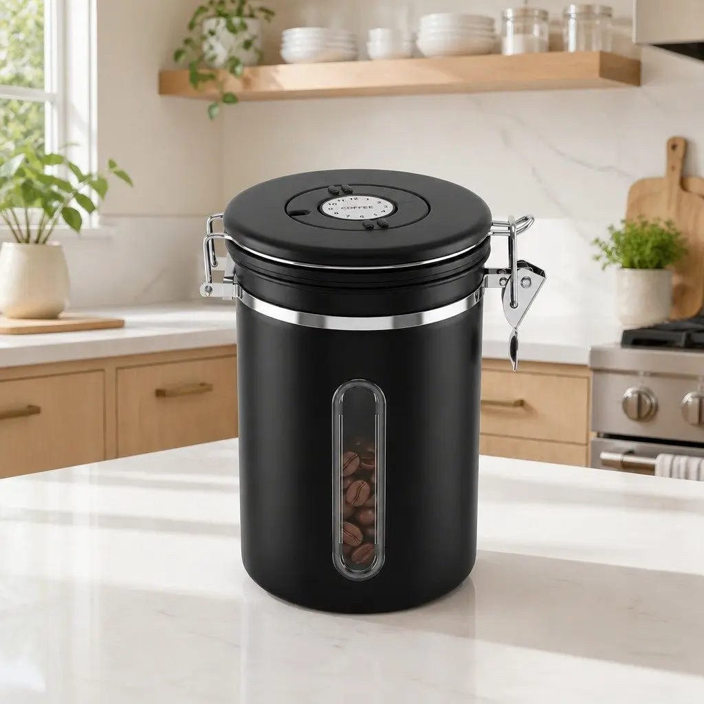 Coffee Bean Storage Canister 1.8L Black Stainless Steel with Viewing Window and Freshness Valve