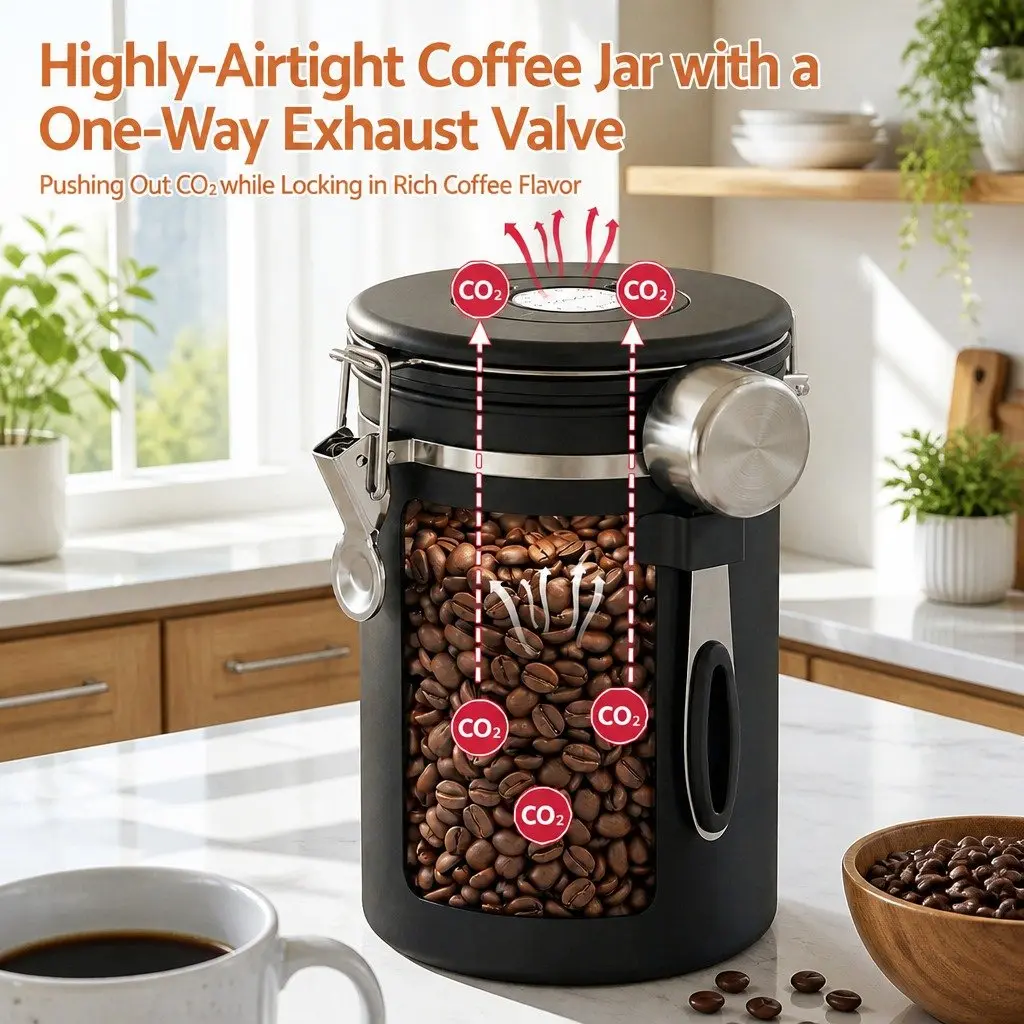Coffee Bean Storage Canister 1.8L Black Stainless Steel with Viewing Window and Freshness Valve