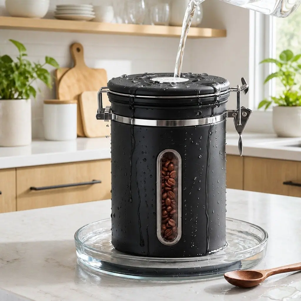 Coffee Bean Storage Canister 1.8L Black Stainless Steel with Viewing Window and Freshness Valve