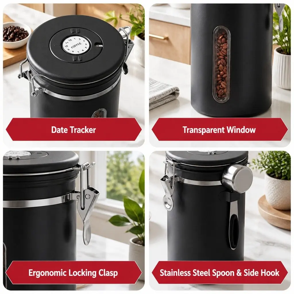 Coffee Bean Storage Canister 1.8L Black Stainless Steel with Viewing Window and Freshness Valve