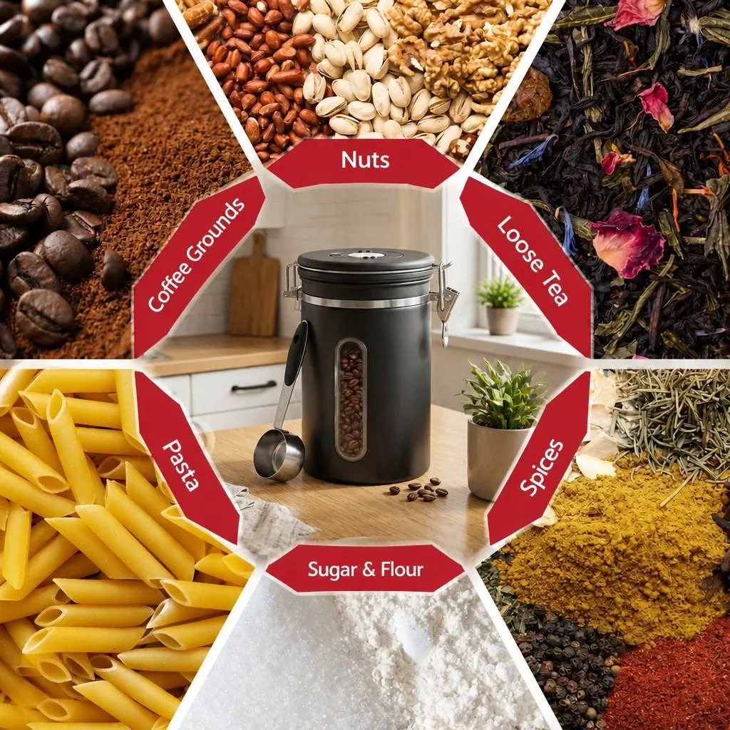 Coffee Bean Storage Canister 1.8L Black Stainless Steel with Viewing Window and Freshness Valve