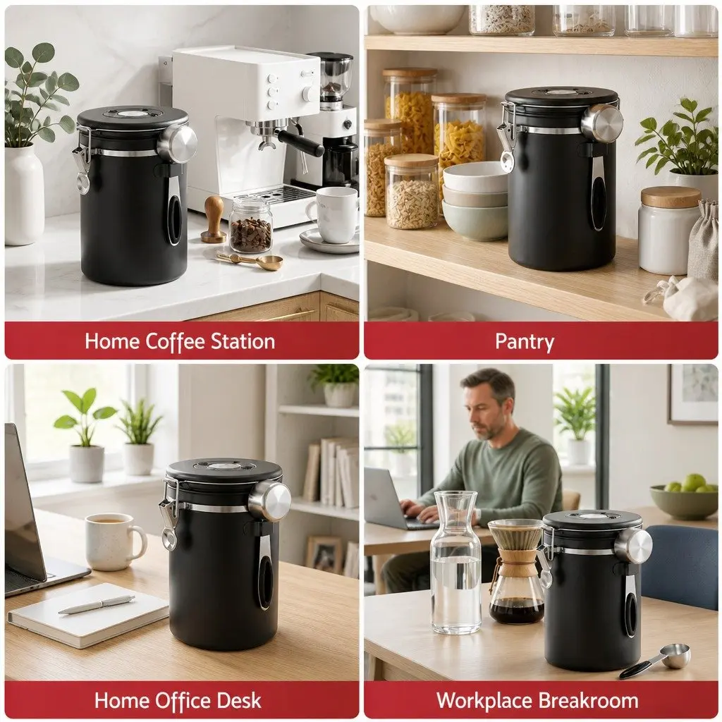 Coffee Bean Storage Canister 1.8L Black Stainless Steel with Viewing Window and Freshness Valve
