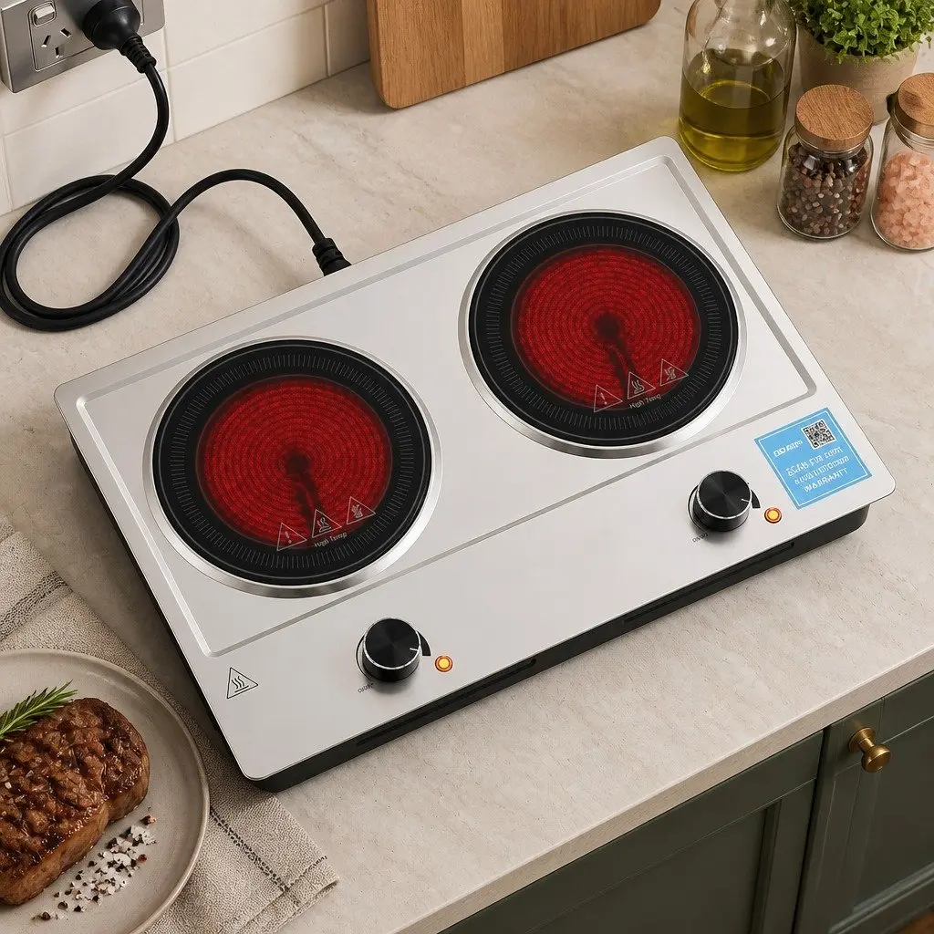 Electric Cooktop Infrared Ceramic 2 Zone Knob Control 2400W Silver