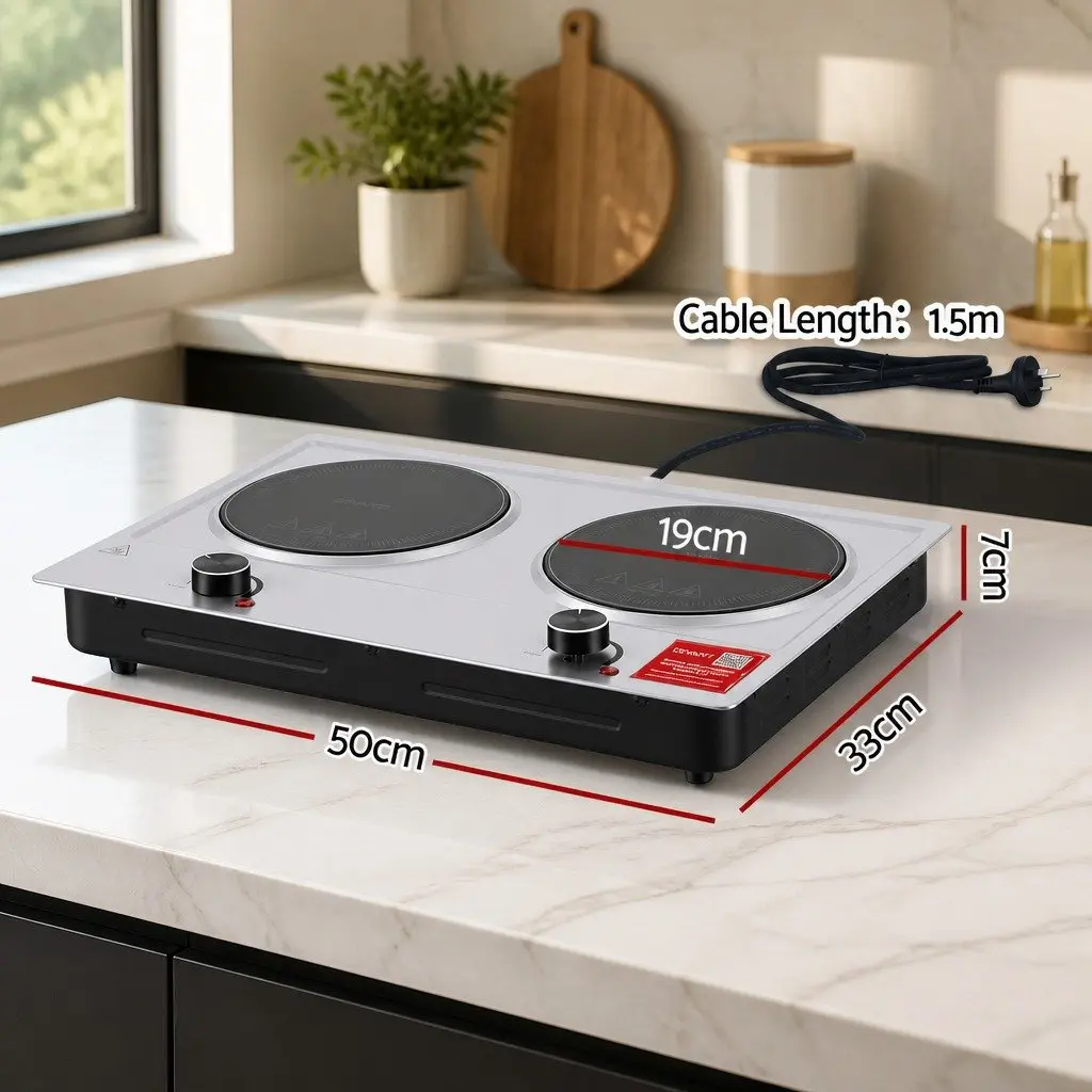 Electric Cooktop Infrared Ceramic 2 Zone Knob Control 2400W Silver