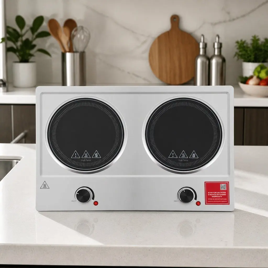 Electric Cooktop Infrared Ceramic 2 Zone Knob Control 2400W Silver