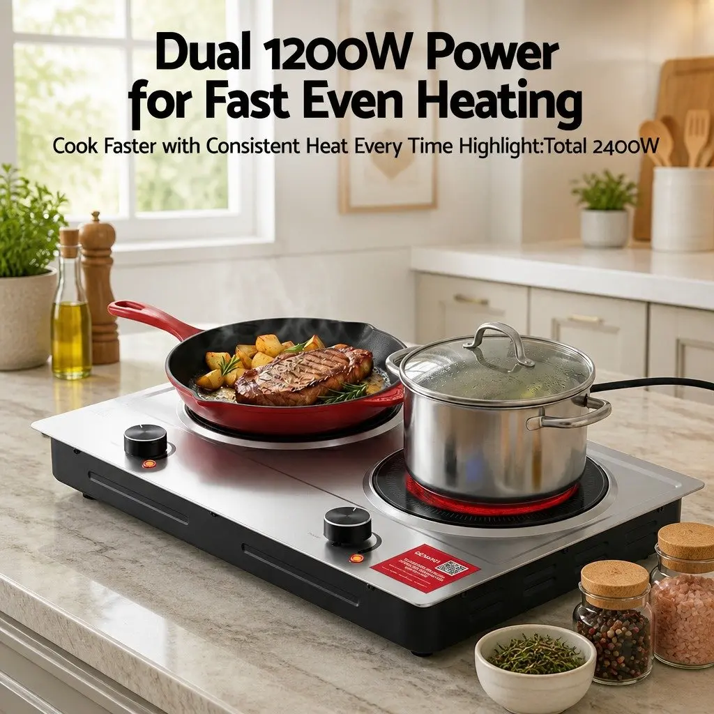 Electric Cooktop Infrared Ceramic 2 Zone Knob Control 2400W Silver
