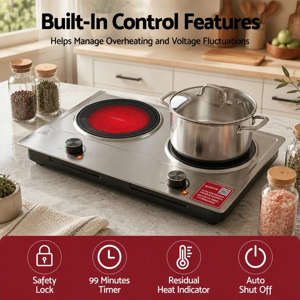Electric Cooktop Infrared Ceramic 2 Zone Knob Control 2400W Silver