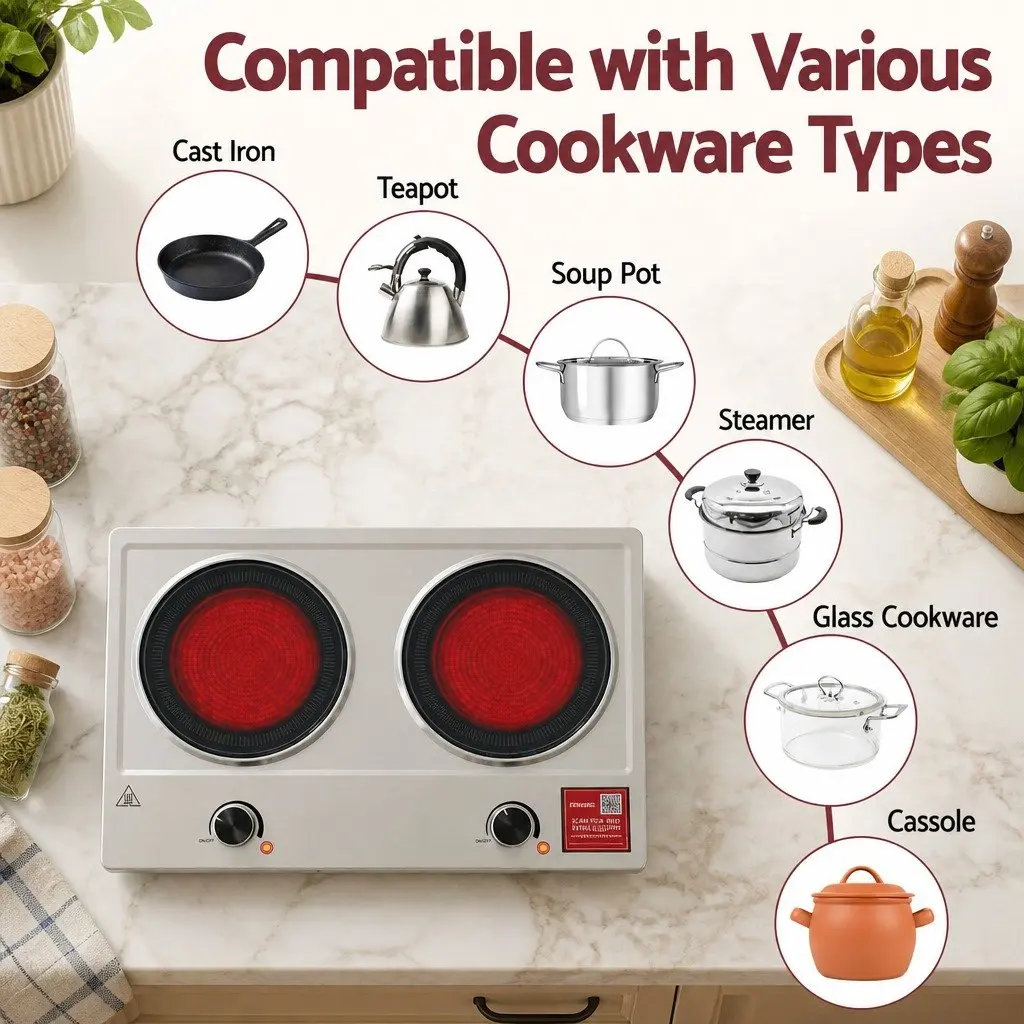 Electric Cooktop Infrared Ceramic 2 Zone Knob Control 2400W Silver