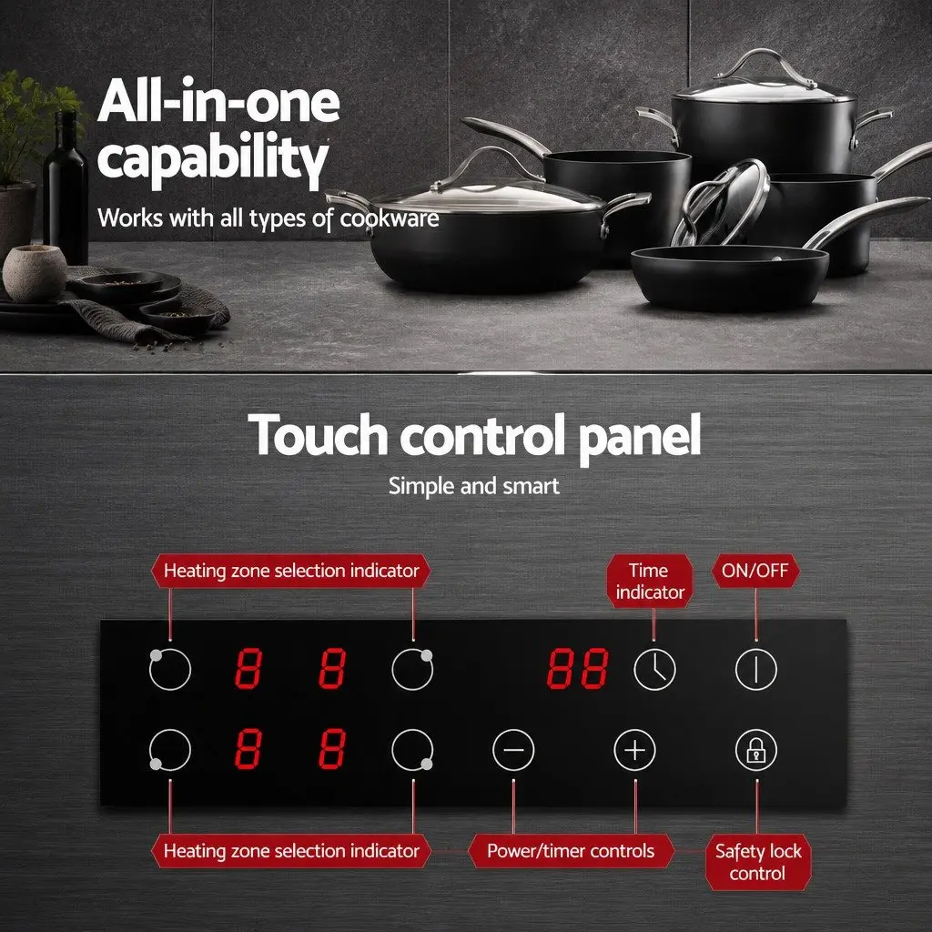 Electric Cooktop 60cm Grey Brushed Ceramic Glass 4 Zones Touch Control