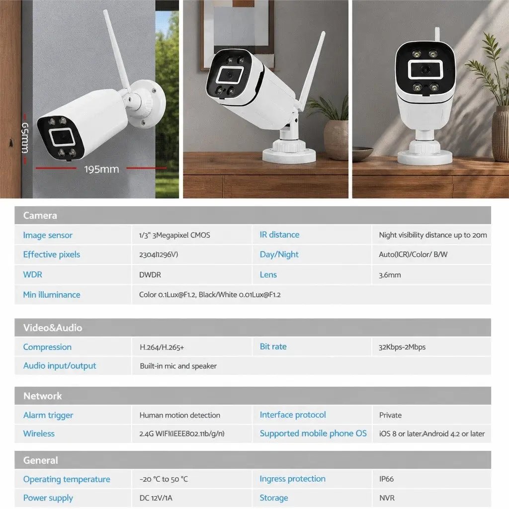 Wireless CCTV Security Camera 3MP Full HD Indoor Outdoor White IP65