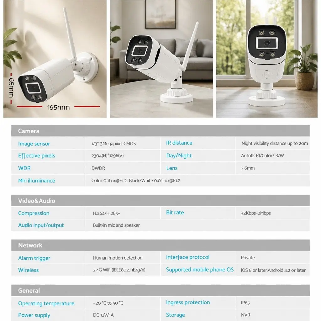 Wireless Security Camera 3MP Full HD Waterproof Indoor Outdoor Plastic White Square IP65 Night Vision Two Way Audio Remote Viewing