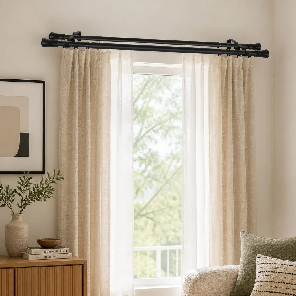 Double Curtain Rod Extendable Steel Pole Black Modern Bell Cap Design Adjustable