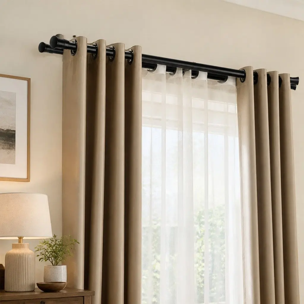 Double Curtain Rod Extendable Steel Pole Black Modern Bell Cap Design Adjustable