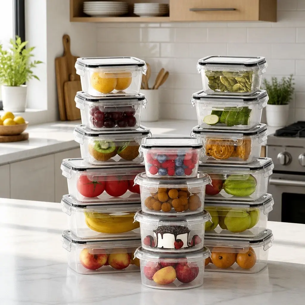 Food Storage Container Set Airtight Stackable PP Plastic 16 Piece White and Black