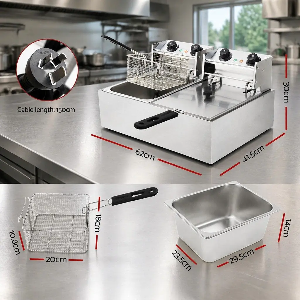 Electric Deep Fryer Stainless Steel 20L Dual Baskets Silver Commercial Kitchen