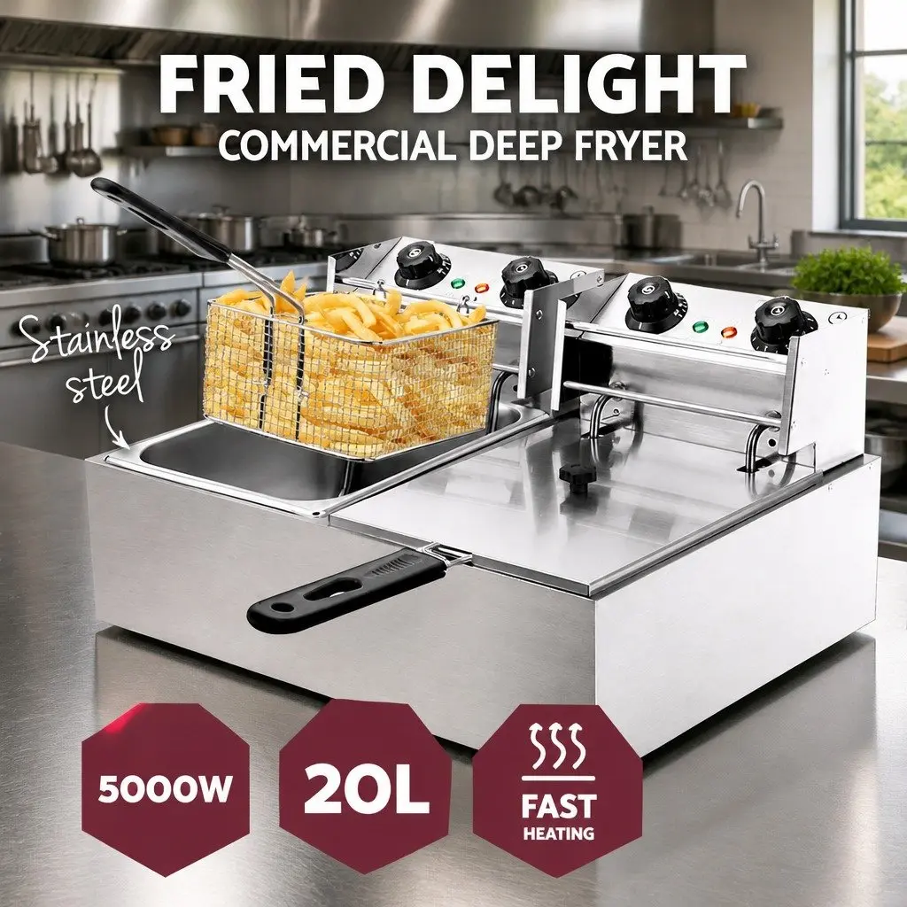 Electric Deep Fryer Stainless Steel 20L Dual Baskets Silver Commercial Kitchen