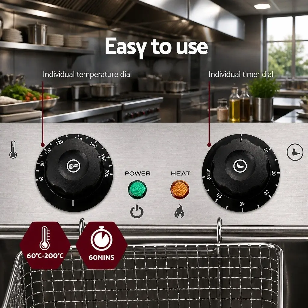 Electric Deep Fryer Stainless Steel 20L Dual Baskets Silver Commercial Kitchen