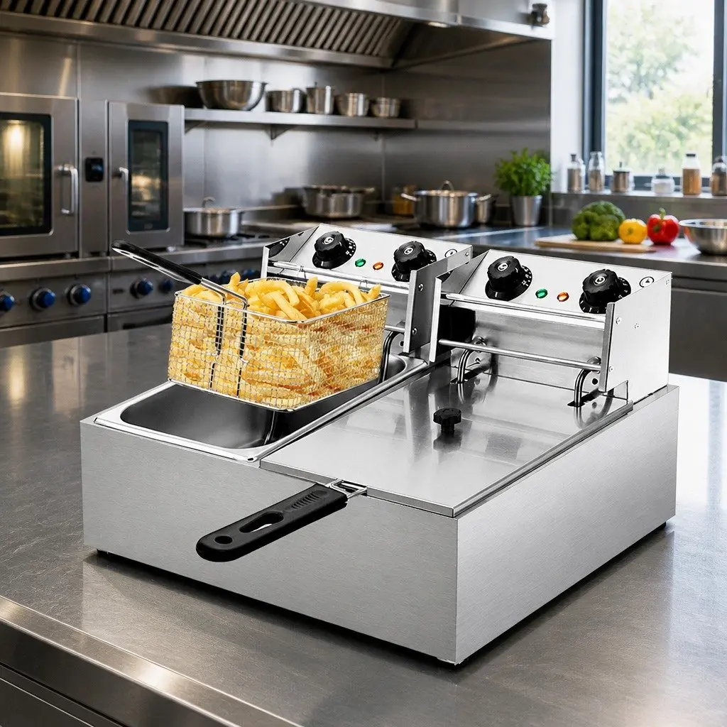 Electric Deep Fryer Stainless Steel 20L Dual Baskets Silver Commercial Kitchen