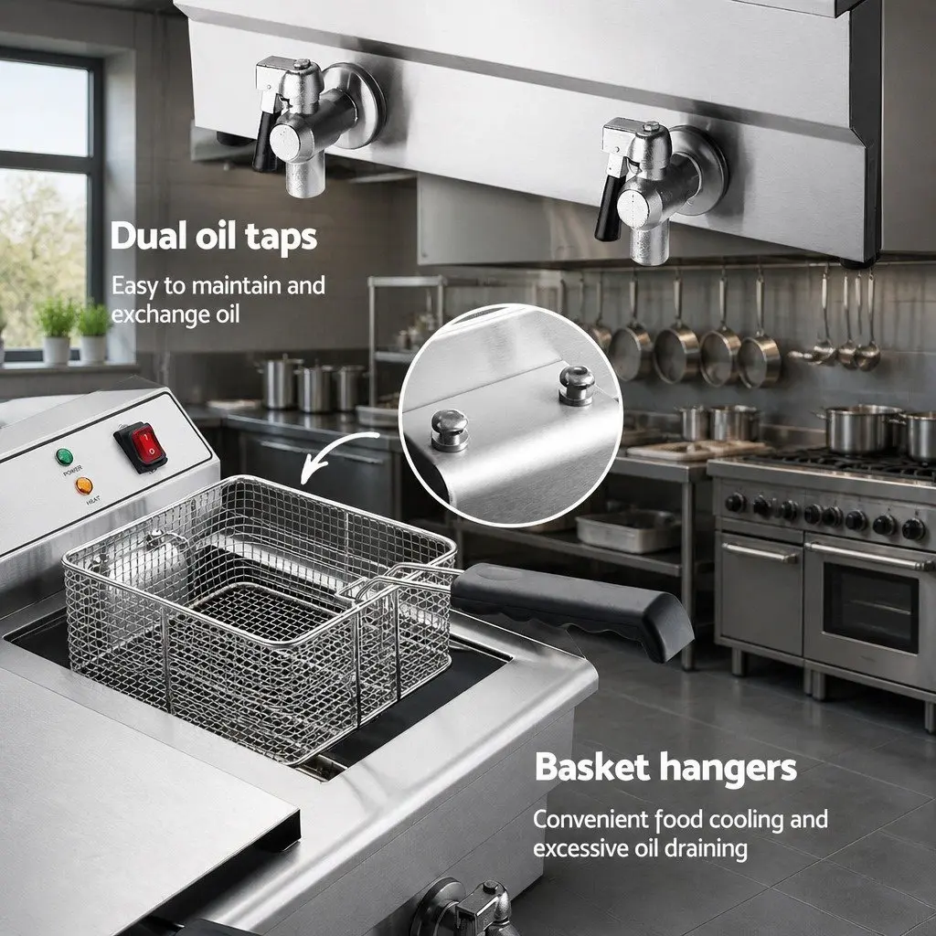 Electric Deep Fryer Commercial Stainless Steel 20L Dual Tank Silver Professional Grade