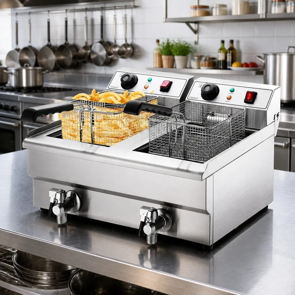 Electric Deep Fryer Commercial Stainless Steel 20L Dual Tank Silver Professional Grade