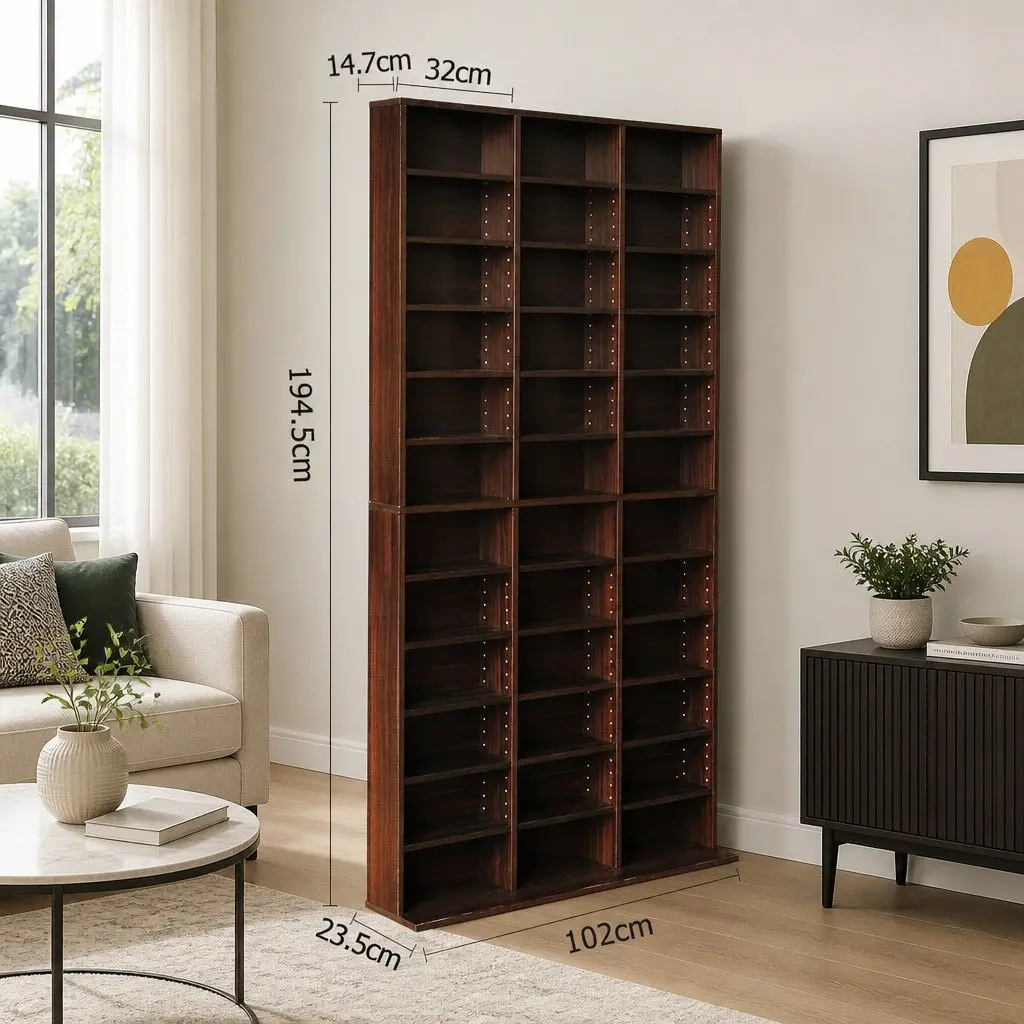 CD DVD Bookshelf Storage Rack Adjustable Shelves Media Organizer Walnut 102 x 23.5 x 194.5 cm