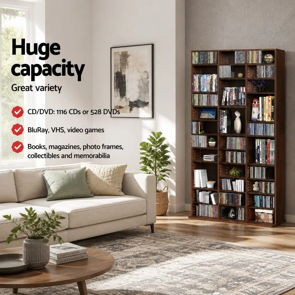 CD DVD Bookshelf Storage Rack Adjustable Shelves Media Organizer Walnut 102 x 23.5 x 194.5 cm