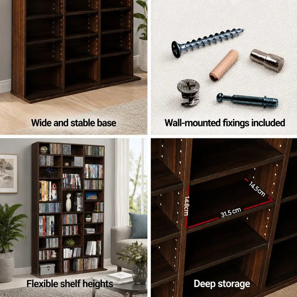 CD DVD Bookshelf Storage Rack Adjustable Shelves Media Organizer Walnut 102 x 23.5 x 194.5 cm
