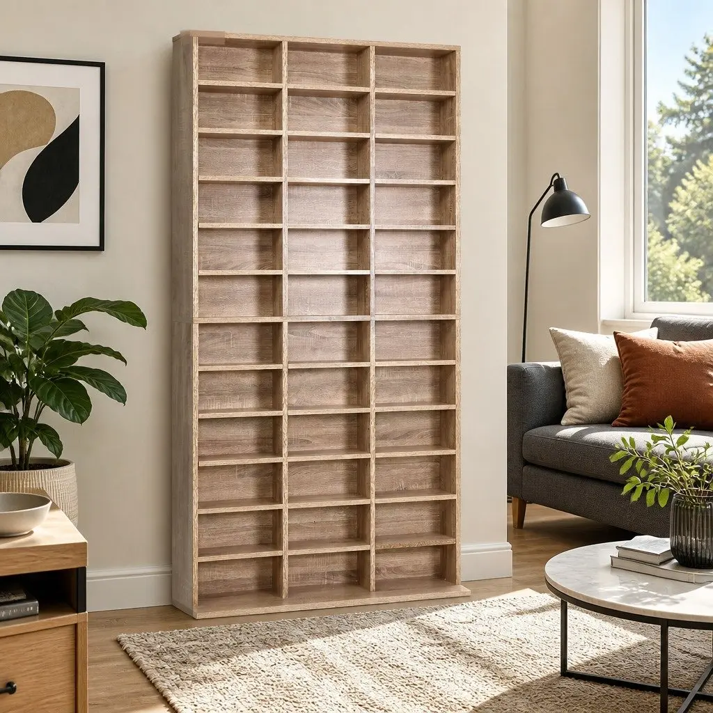 Oak CD DVD Bookshelf Storage Rack with Adjustable Shelves Display Cabinet