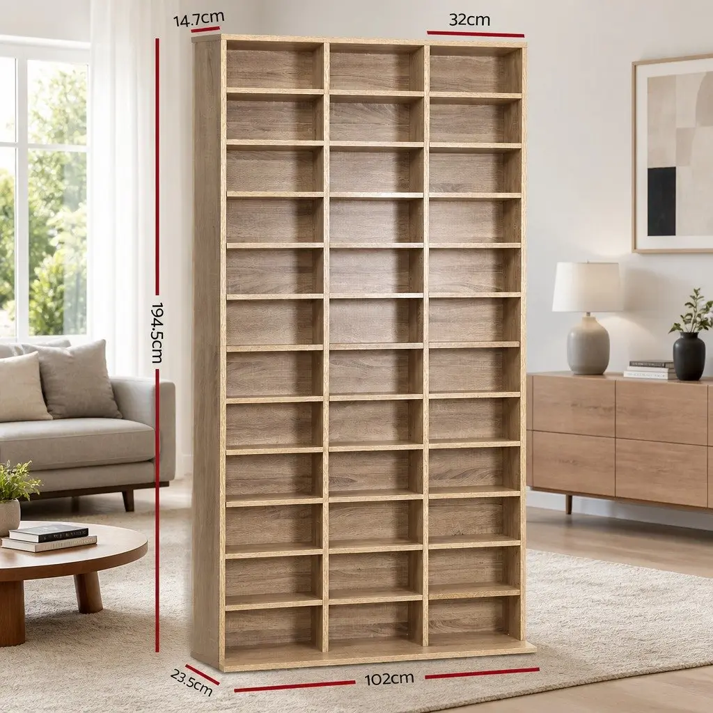 Oak CD DVD Bookshelf Storage Rack with Adjustable Shelves Display Cabinet