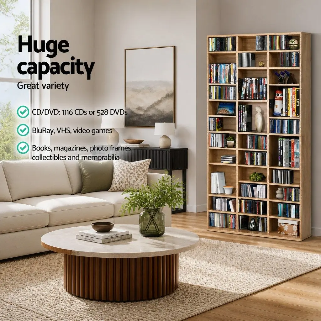 Oak CD DVD Bookshelf Storage Rack with Adjustable Shelves Display Cabinet