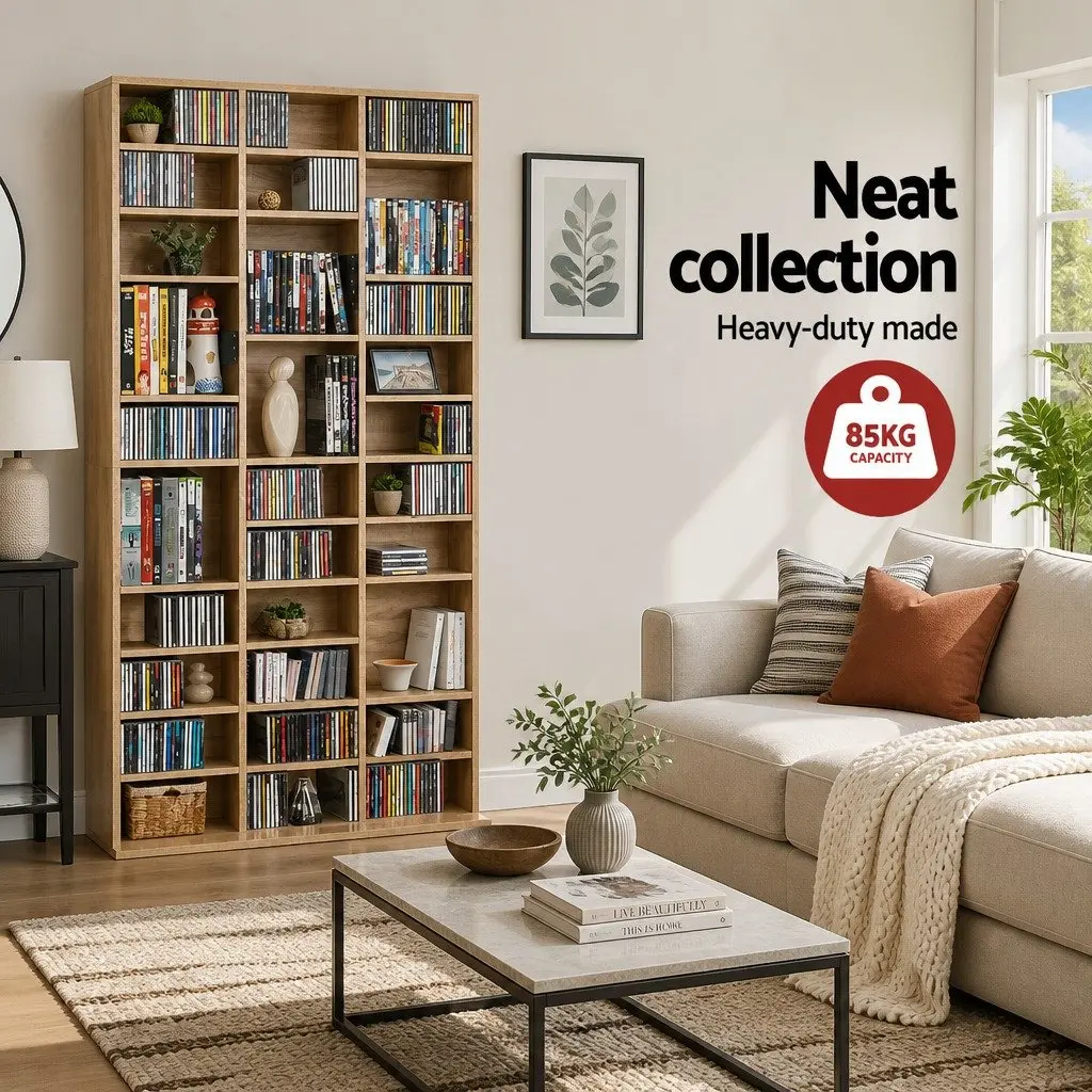 Oak CD DVD Bookshelf Storage Rack with Adjustable Shelves Display Cabinet